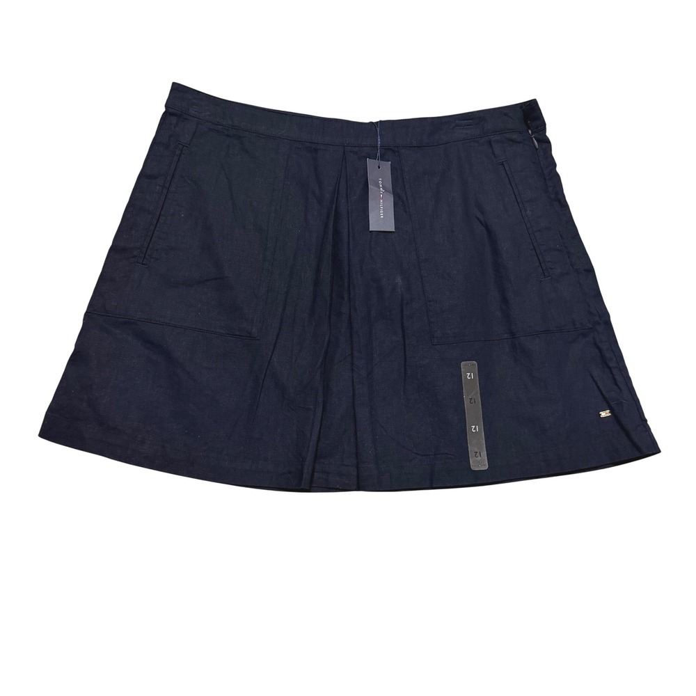 Tommy Hilfiger Skirt Women 12 Navy Blue Linen Blend Mini Career Preppy